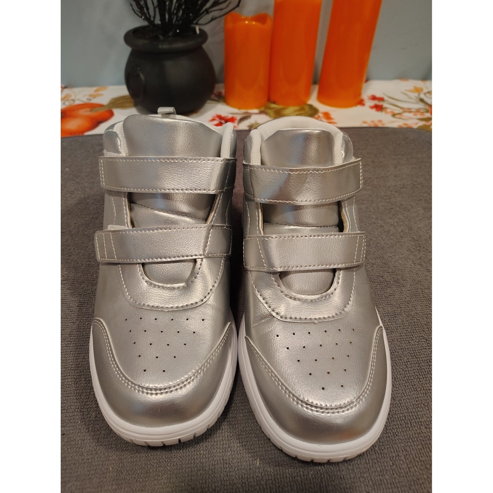 Kids Metallic Silver High Top Sneakers Hook and Loop Strap Size 38 EU